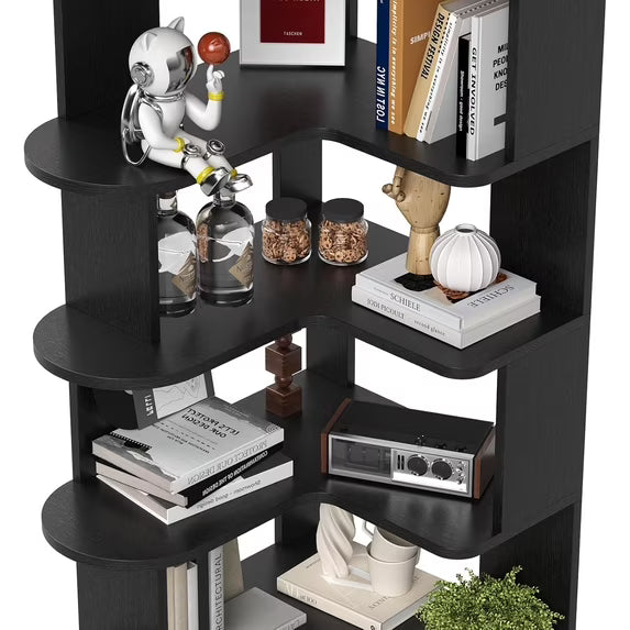 Farini 5-Tier Corner Bookcase, L-Shaped Storage Shelf for Living Room, Office, Bedroom, Black