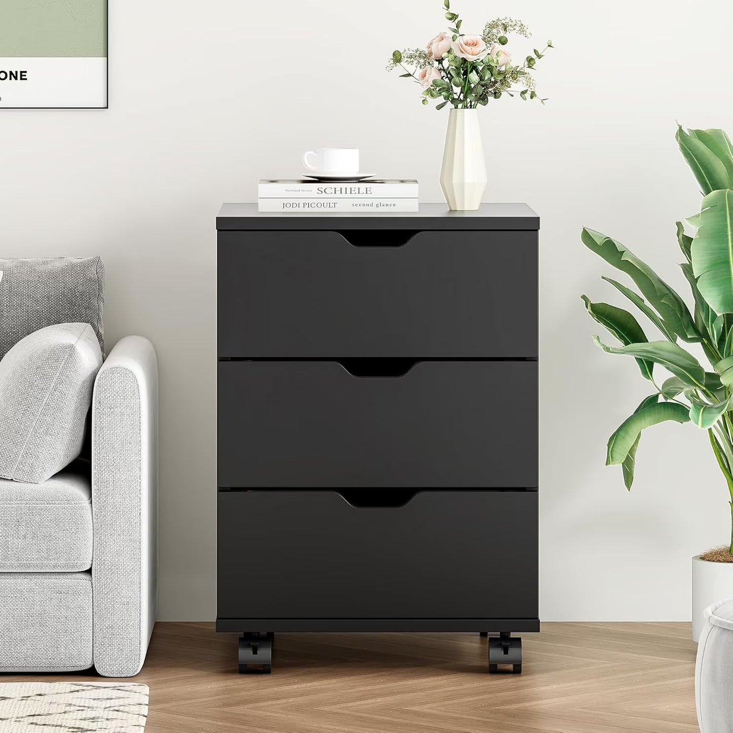 Farini 3-Drawer File Cabinet for Home Office, Mobile Wooden File Cabinet, for Under Desk Storage, Black, Fully-Assembled