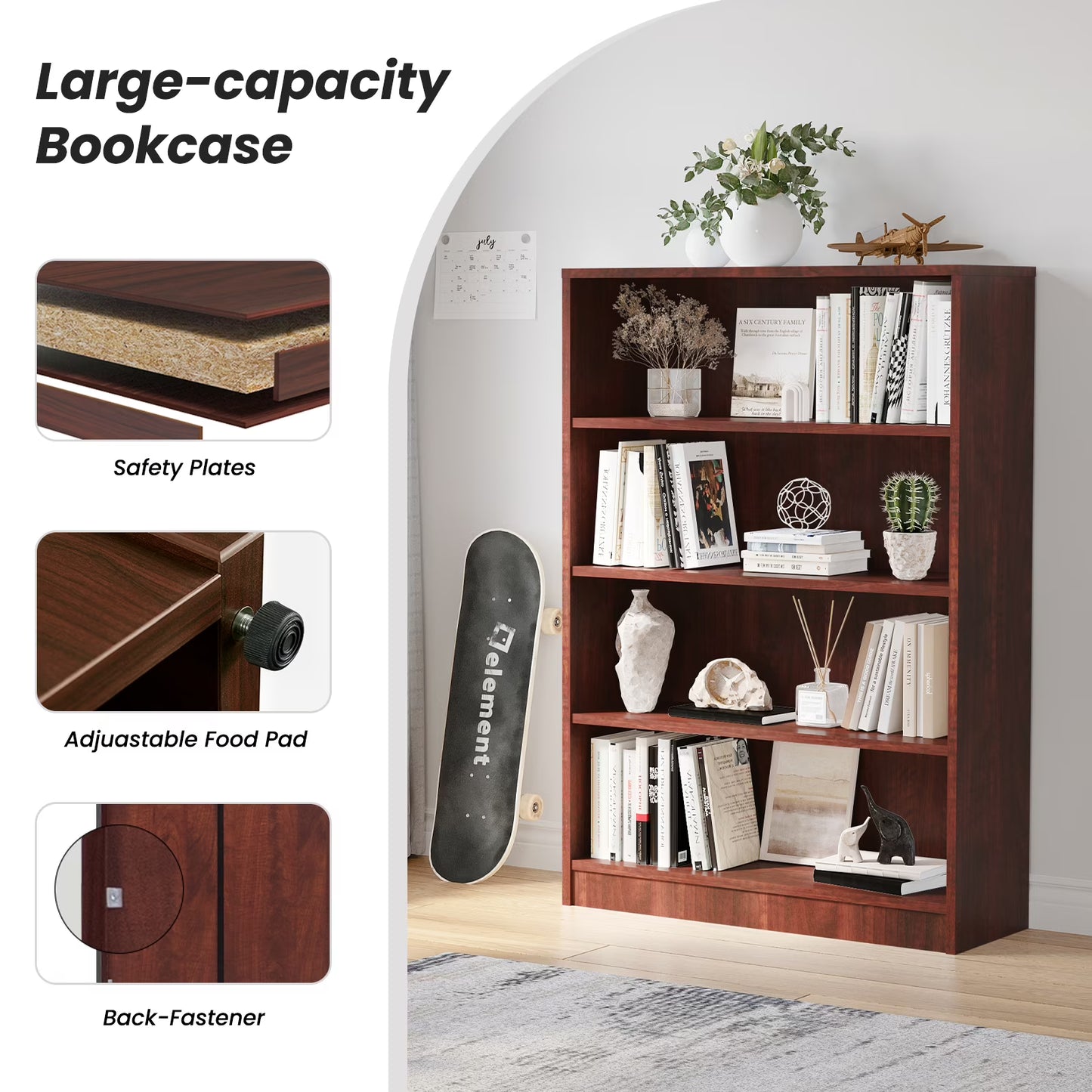 Farini 4 Tiers Bookcase, Wooden Bookcase with Adjustable Shelves for Home, Office, Cherry
