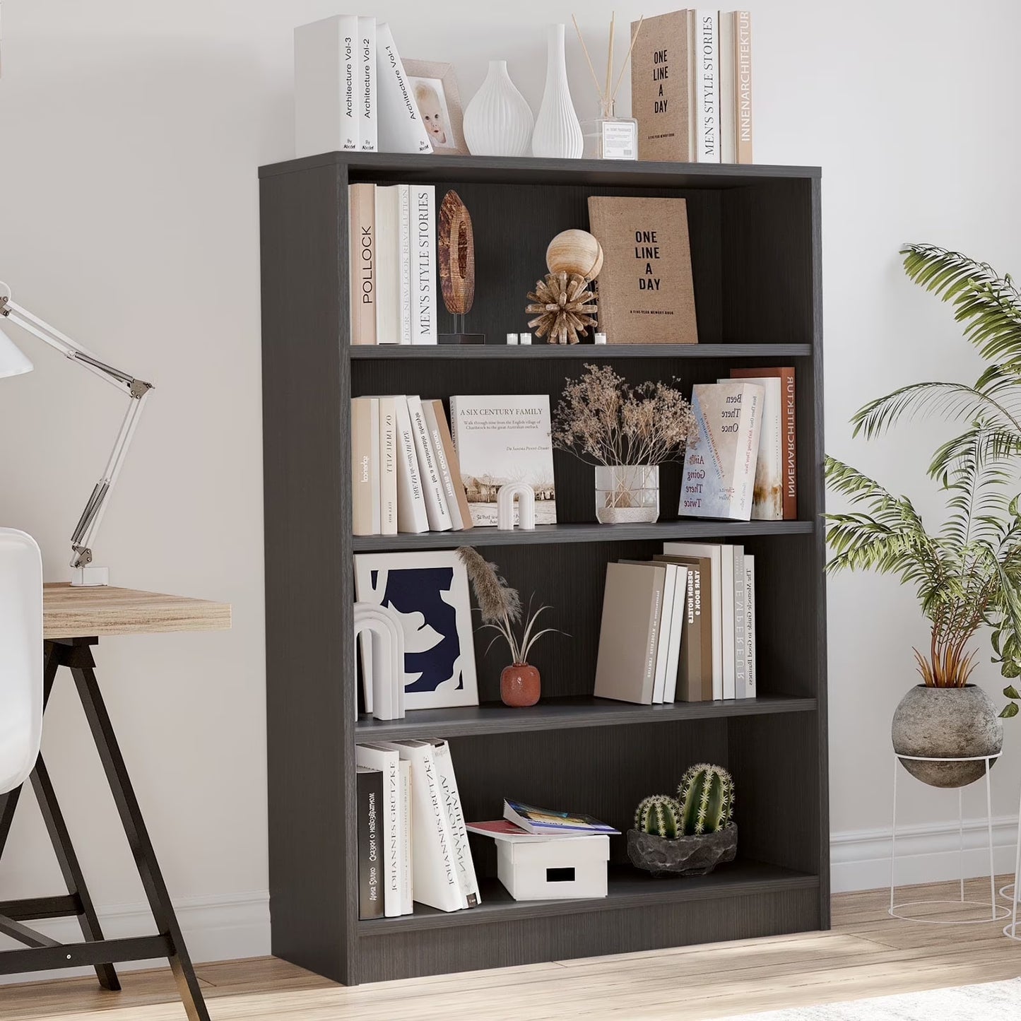 Farini 4 Tiers Bookcase, Wooden Bookcase with Adjustable Shelves for Home, Office, Grey