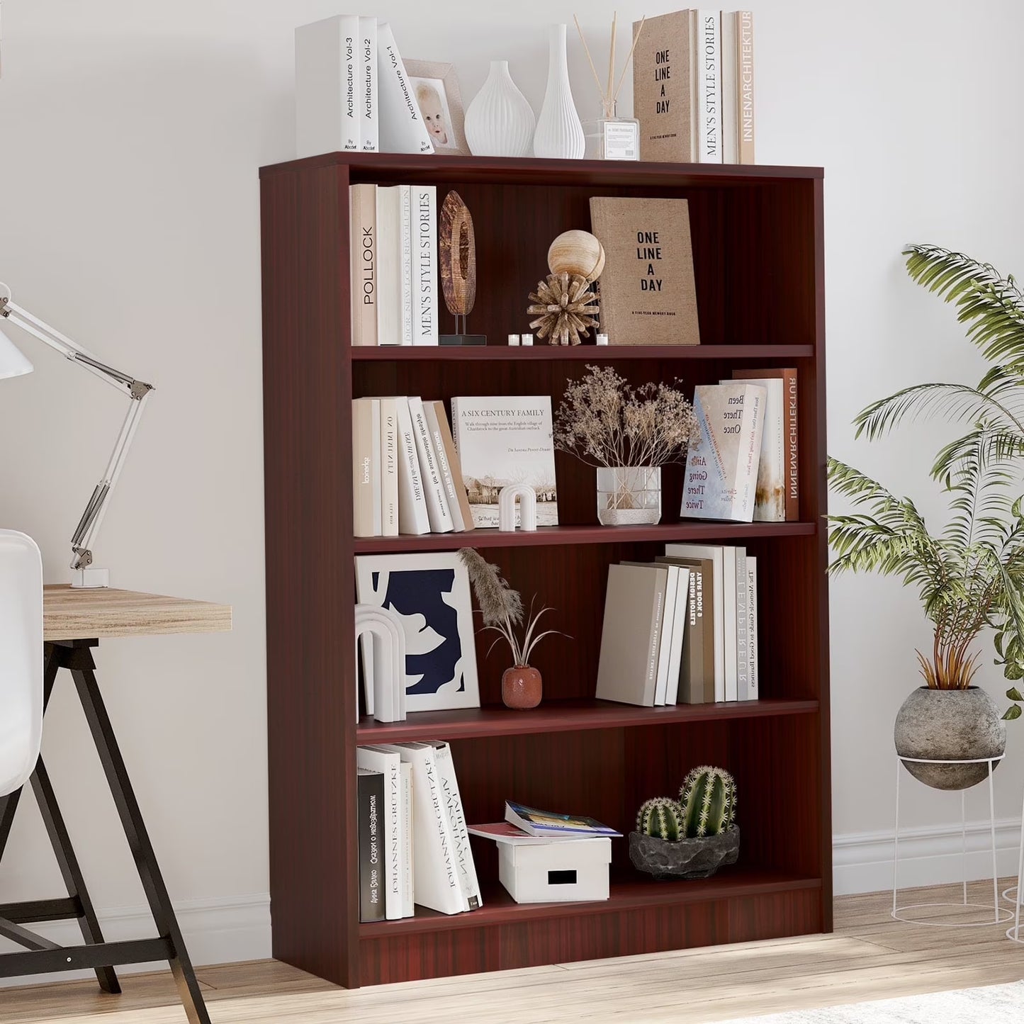 Farini 4 Tiers Bookcase, Wooden Bookcase with Adjustable Shelves for Home, Office, Mahogany