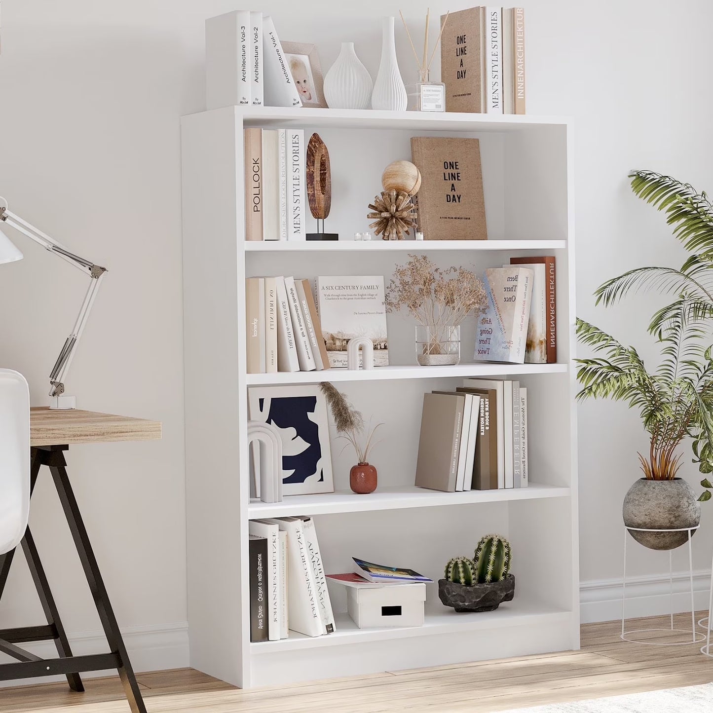 Farini 4 Tiers Bookcase, Wooden Bookcase with Adjustable Shelves for Home, Office, White