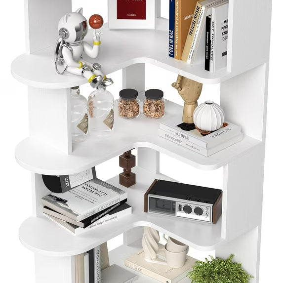 Farini 5-Tier Corner Bookcase, L-Shaped Storage Shelf for Living Room, Office, Bedroom, White