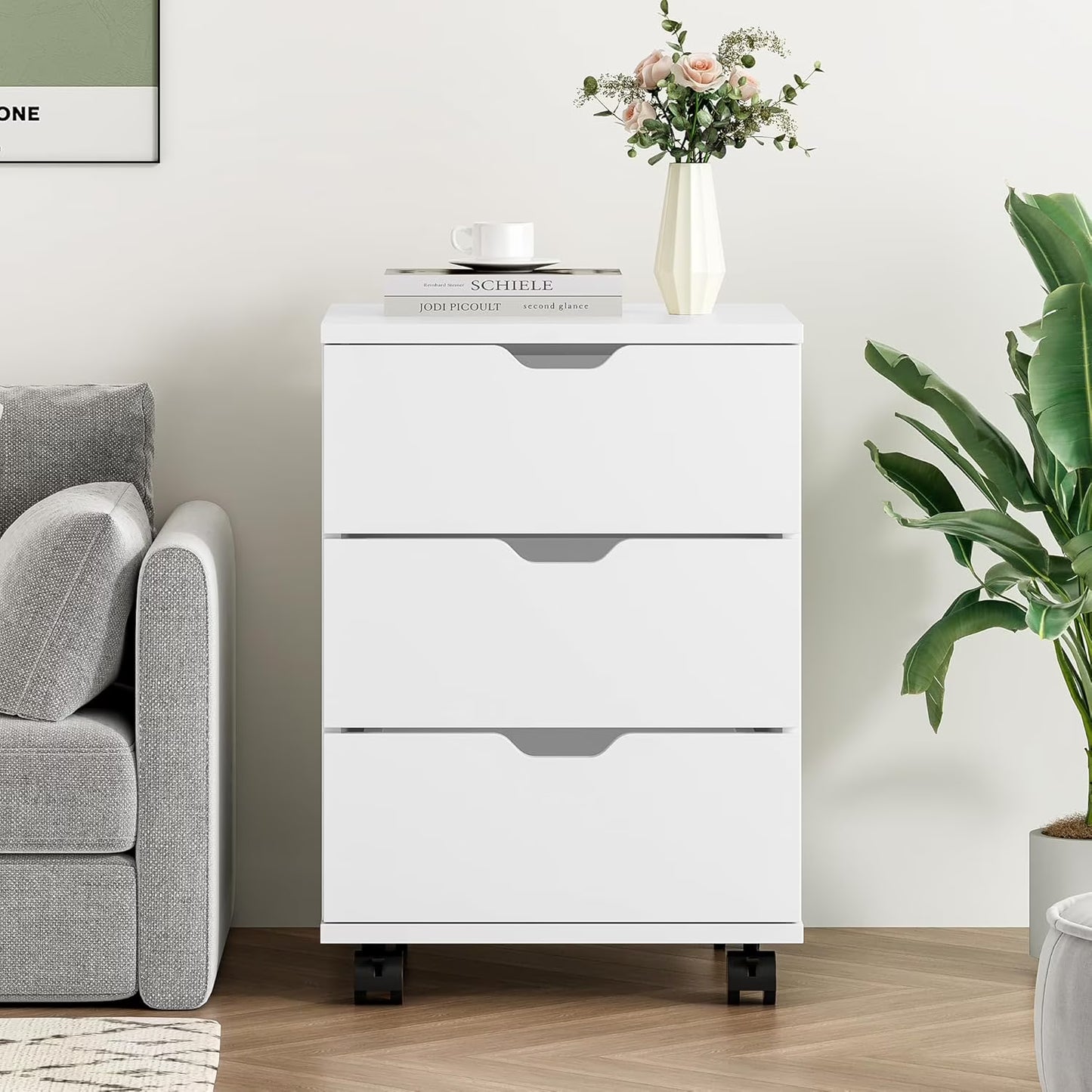 Farini 3-Drawer File Cabinet for Home Office, Mobile Wooden File Cabinet, for Under Desk Storage, White, Fully-Assembled