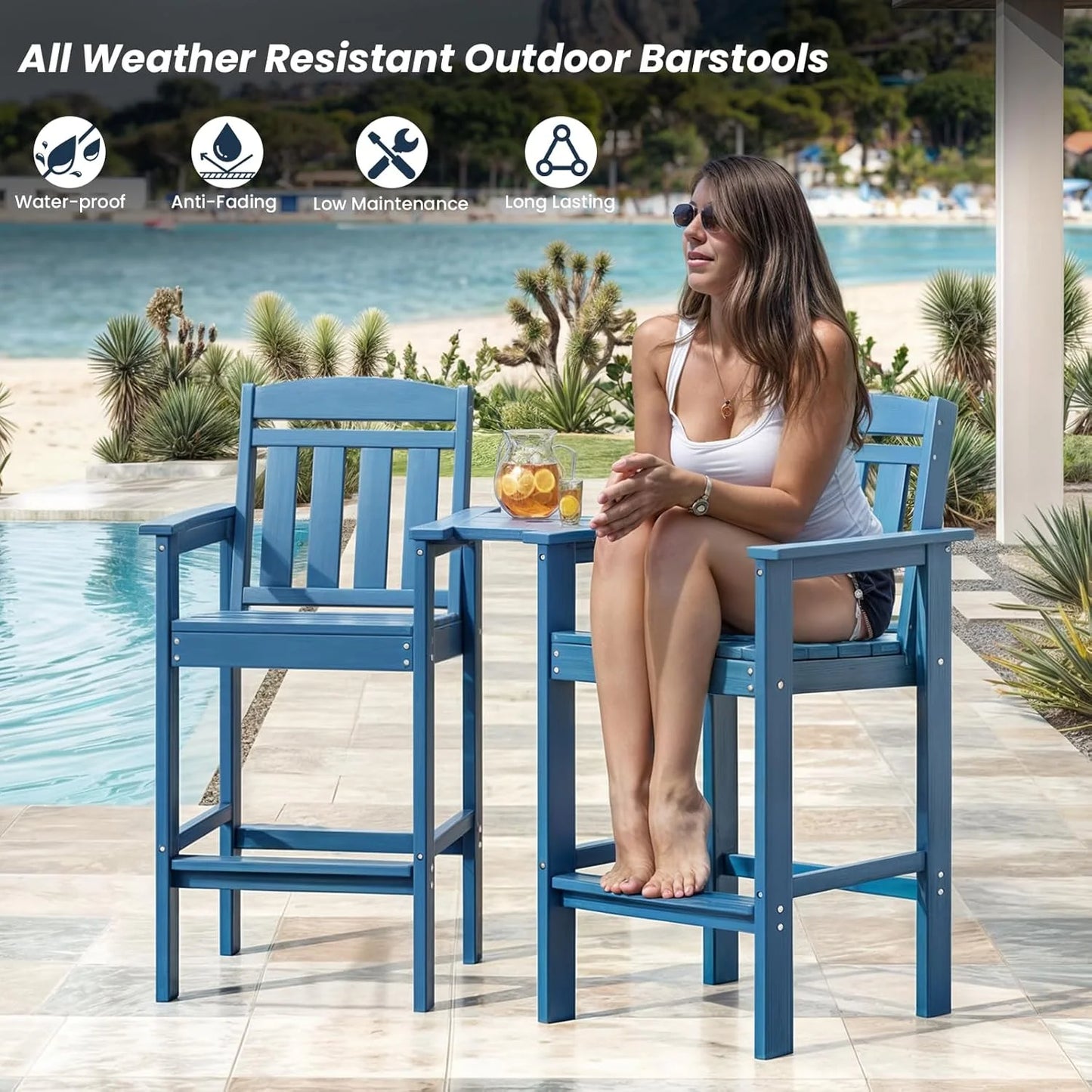 Farini Tall Adirondack Chairs Set of 2, HDPE Adirondack Bar Stools with Connecting Tray, Bar Height Adirondack Chair Patio Barstool, Ideal All Weather Tall Patio Chair for Balcony, Poolside, Backyard