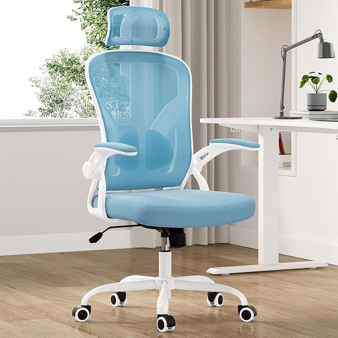 Farini Ergonomic Office Chair, Home Office Desk Chair with Headrest, High Back Computer Chair with Armrests and Adjustable Lumbar Support for Home Office Study Room, White & Khaki