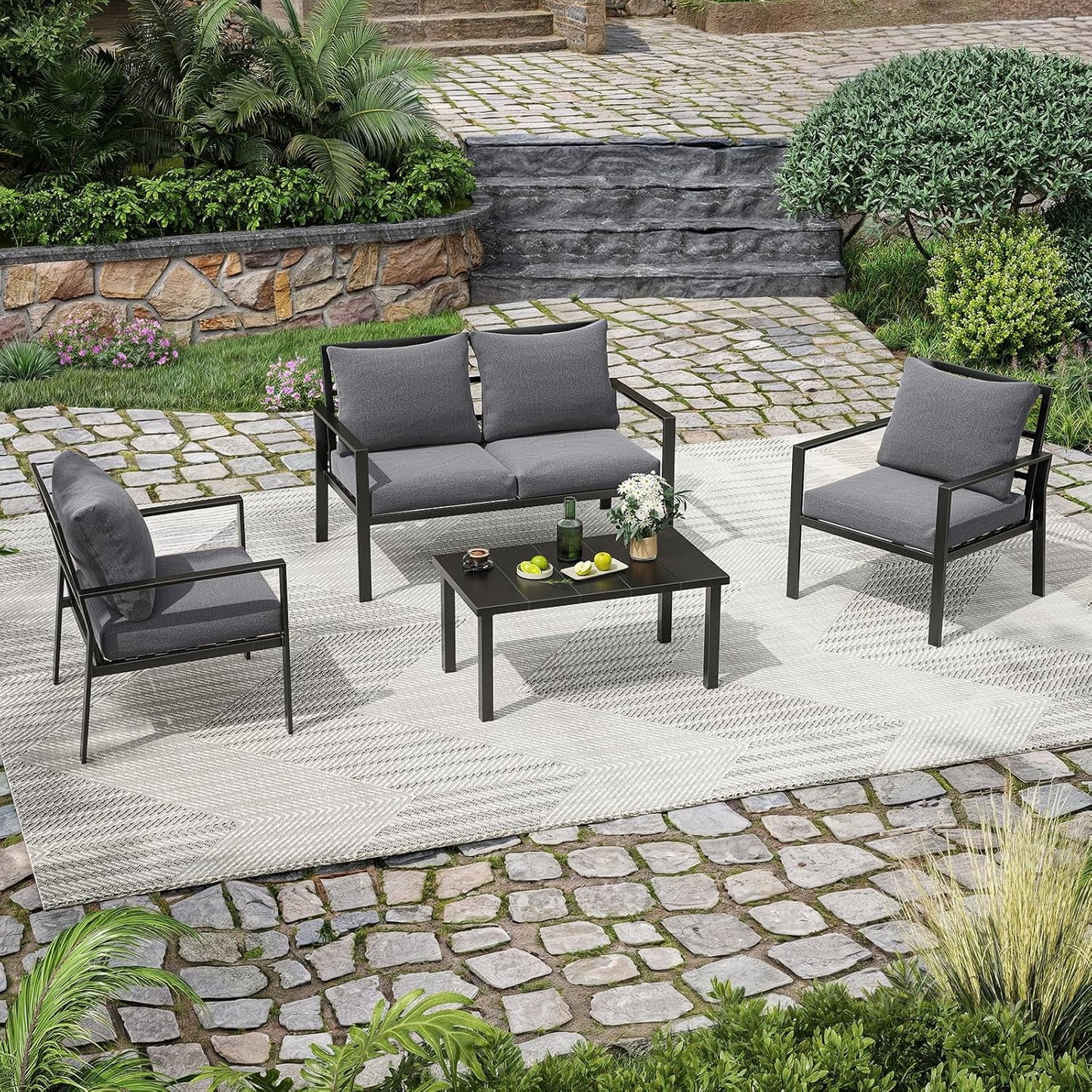 Farini Outdoor conversation sets, Metal Patio Furniture Set with 2 Single Sofas, Loveseat & Coffee Table, for Garden, Backyard, Balcony