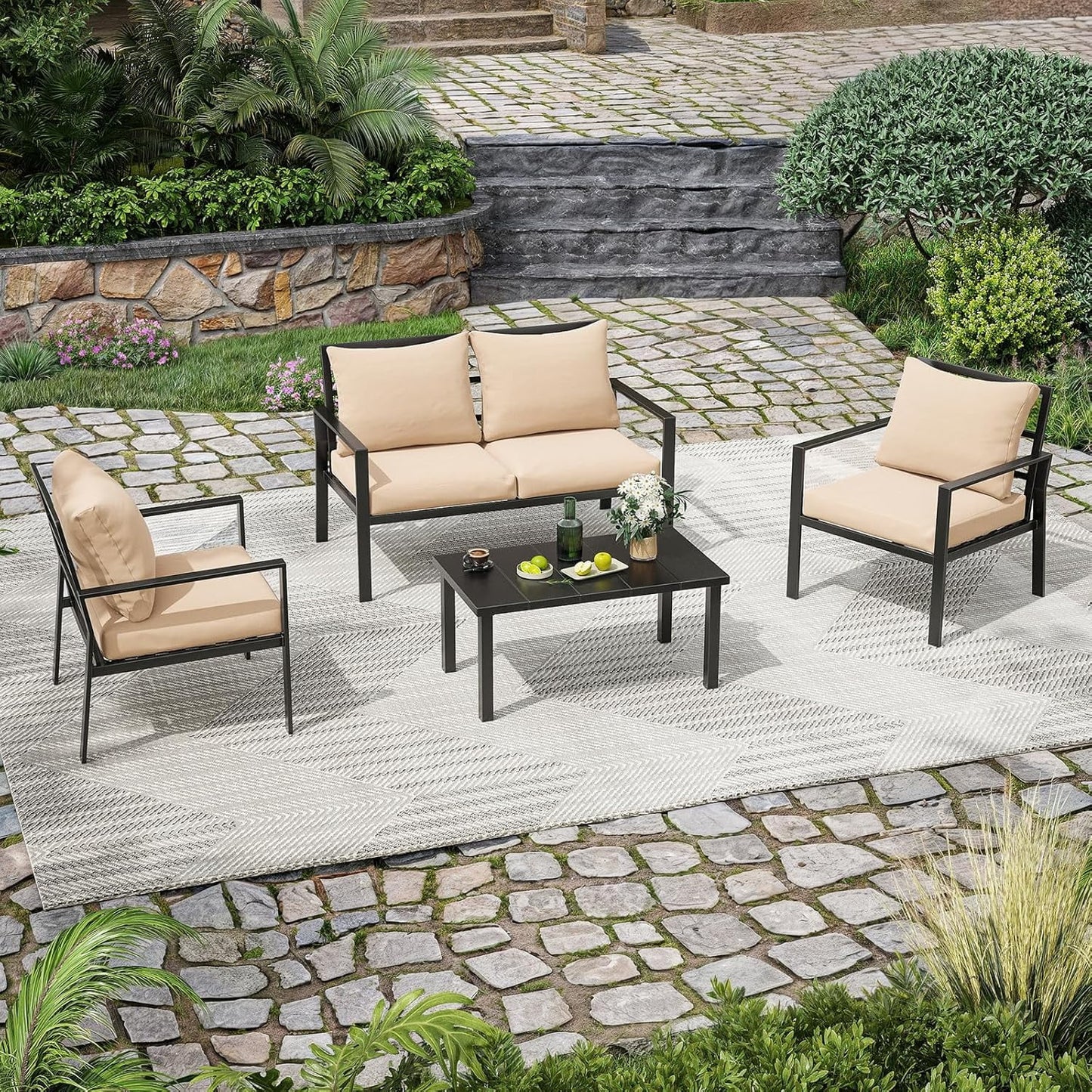 Farini Outdoor conversation sets, Metal Patio Furniture Set with 2 Single Sofas, Loveseat & Coffee Table, for Garden, Backyard, Balcony
