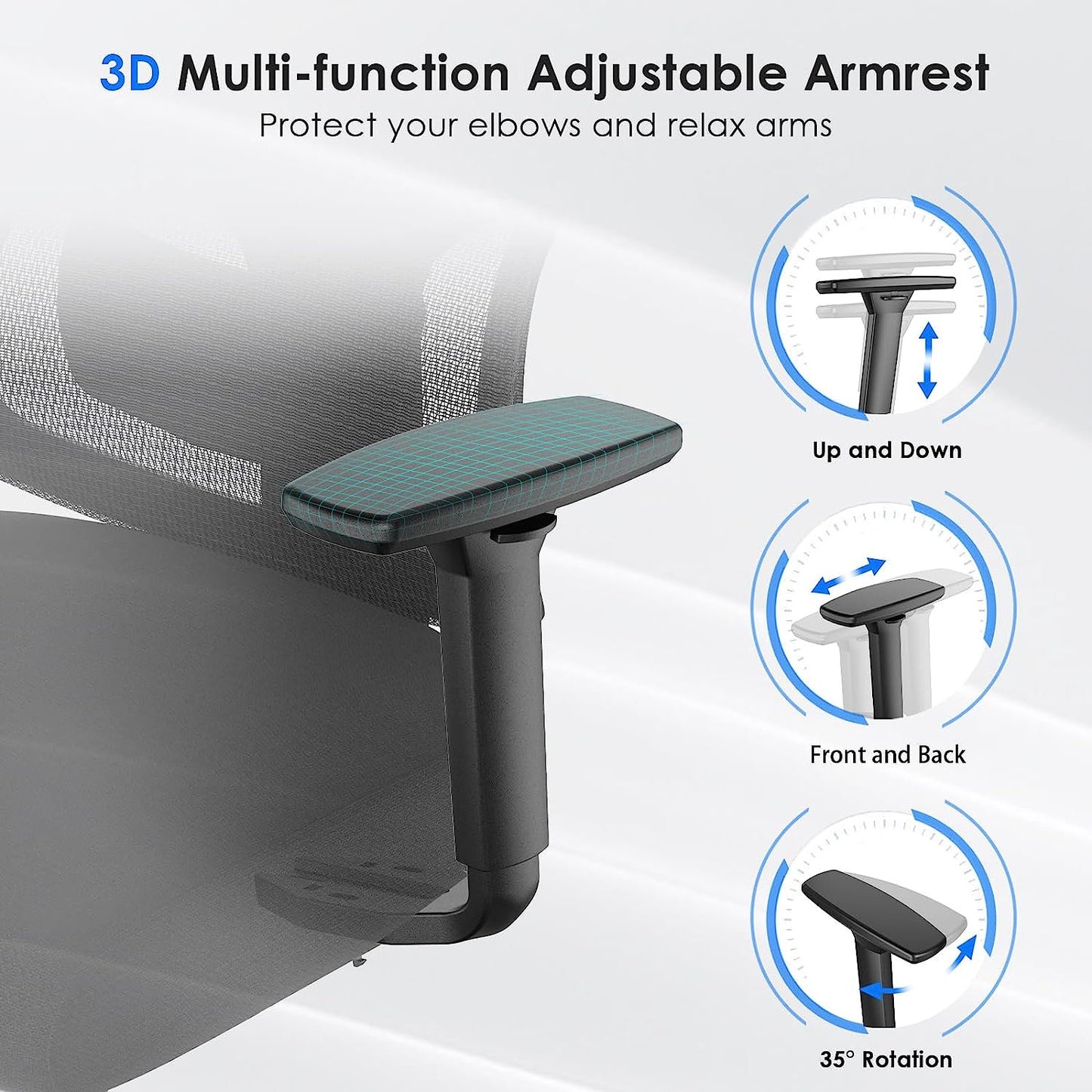 Farini Ergonomic Mesh Office Chair, Computer Desk Chair Ergonomic with Headrest, Adjustable Lumbar Support and 3D Armrests, High Back Office Chair