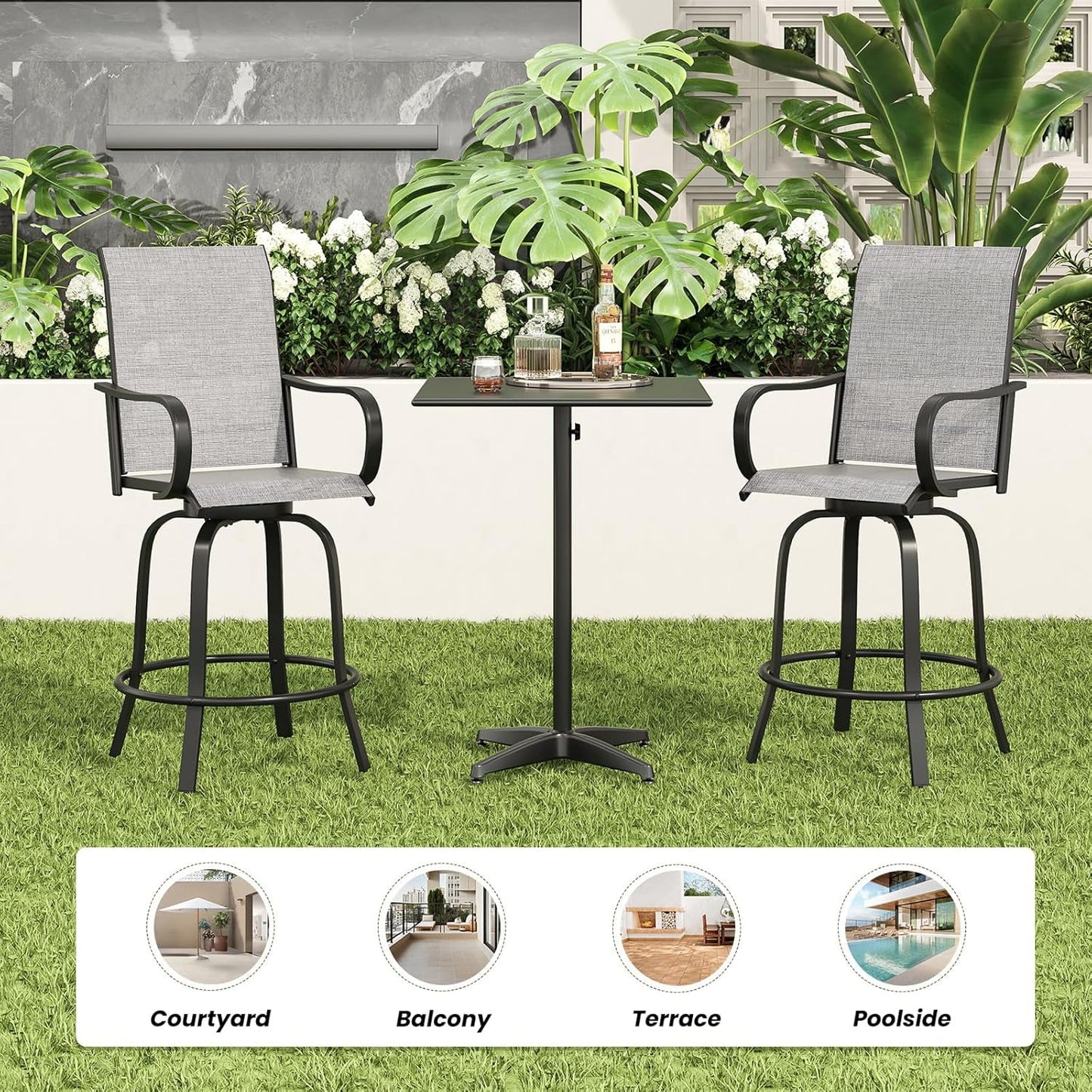 Farini Outdoor Bar Stools Set, 360°Swivel Patio Barstools with Textile Fabric,Ergonomic Comfort Bar Height Tall Outdoor Stools for Balcony