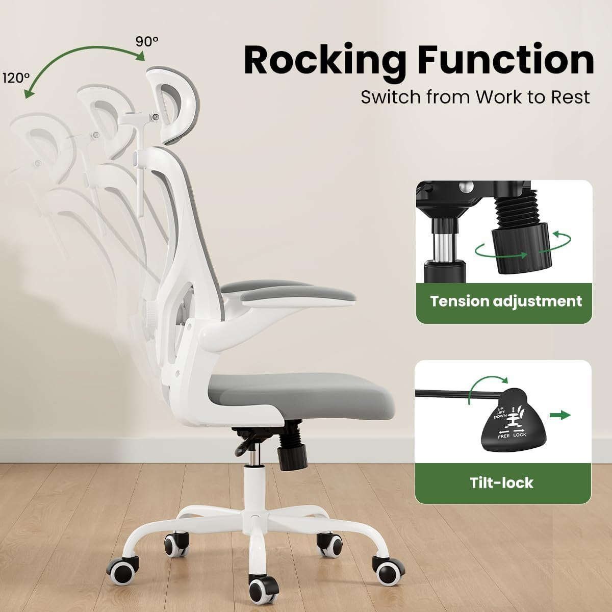 Farini Ergonomic Office Chair,Home Office Desk Chair with Adjustable Lumbar Support and Armrests,Comfy Computer Desk Chair with Headrest,for Home and Office