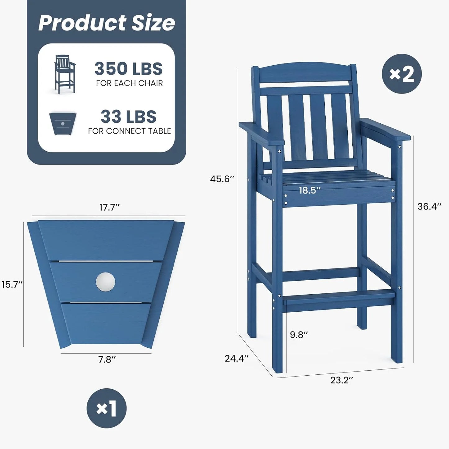 Farini Tall Adirondack Chairs Set of 2, HDPE Adirondack Bar Stools with Connecting Tray, Bar Height Adirondack Chair Patio Barstool, Ideal All Weather Tall Patio Chair for Balcony, Poolside, Backyard