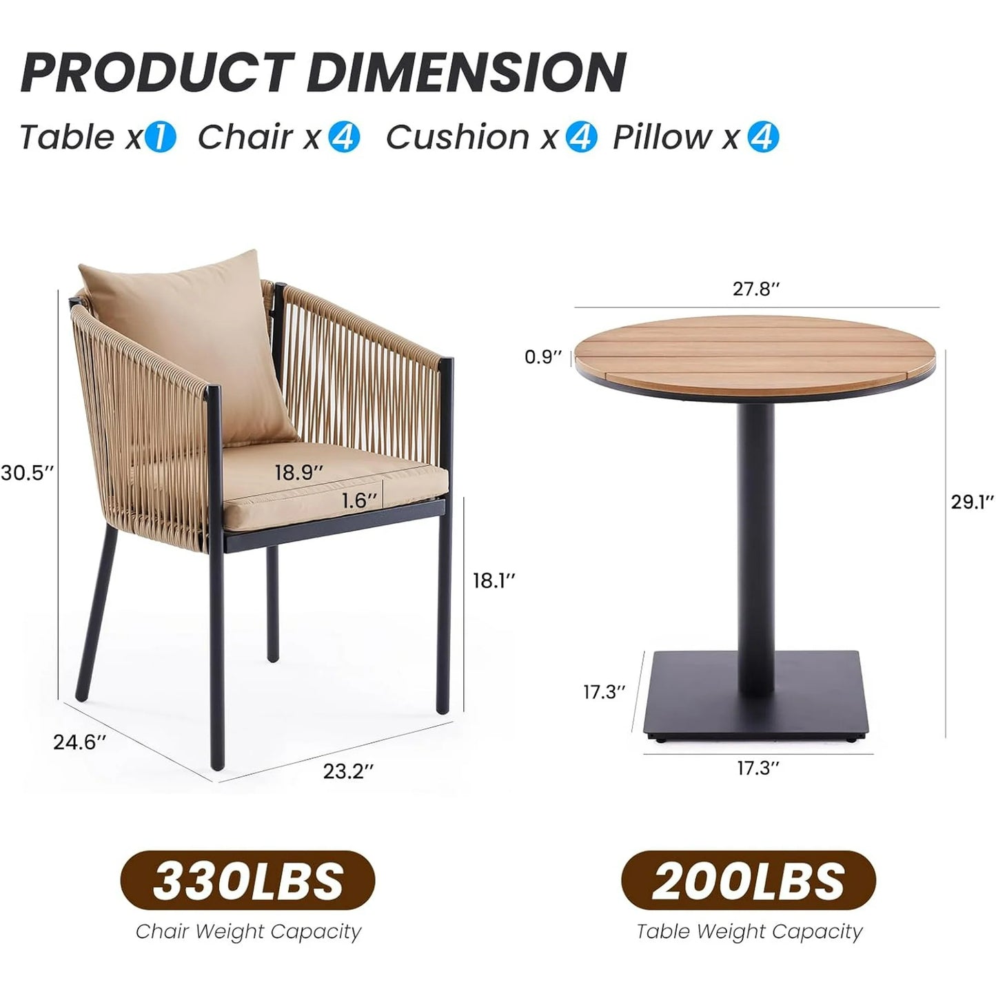 Farini Outdoor Dining Set, Patio Table and Chairs Set, Rattan Wicker Patio Chair Cushions and 1 Outdoor Table Plastic Wooden Top for Lawn, Deck Backyard, Poolside
