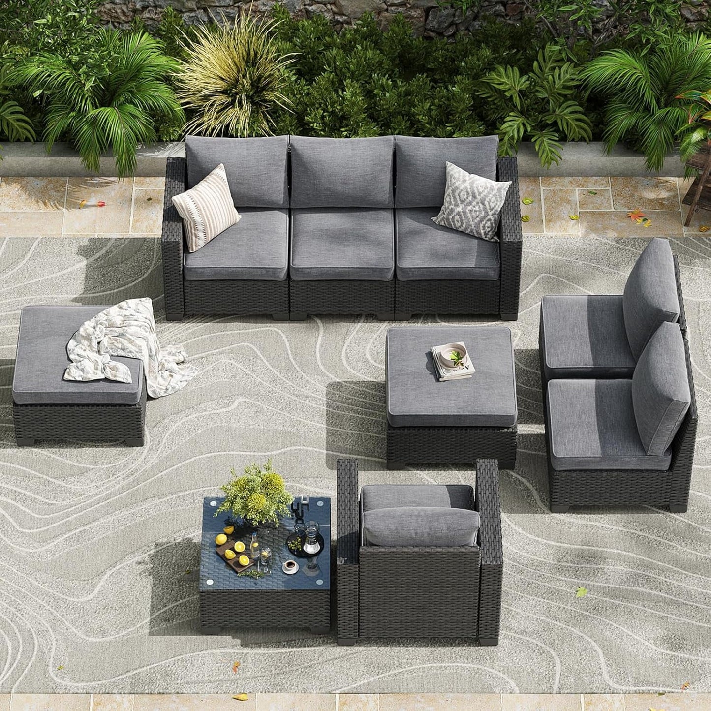 Farini Outdoor Wicker conversation sets, (4,7,9 Pieces) Patio Furniture Sofa Set with Coffee Table, All Weather for Garden, Backyard, Balcony