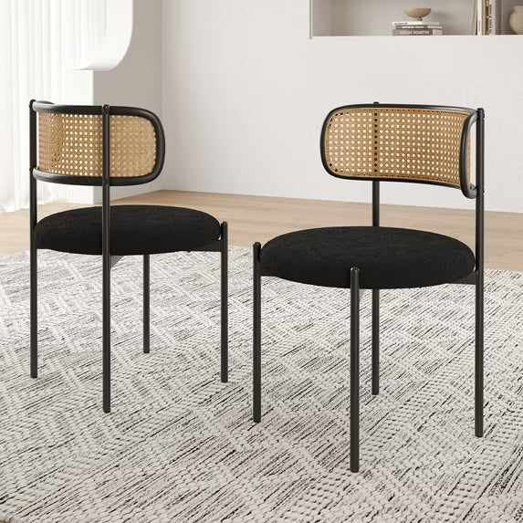 Farini Upholstered Dining Chair Set of 2, Rattan Backrest Kitchen Chair, Black