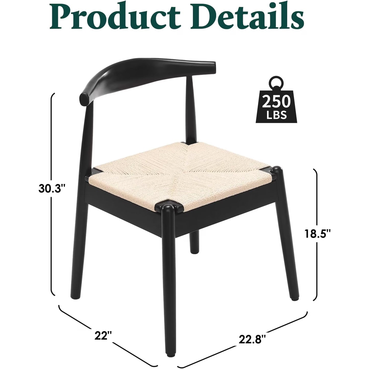 Farini Mid-Century Dining Chairs Set of 2, Solid Wood Frame & Woven Leather Seats, Black-Beige