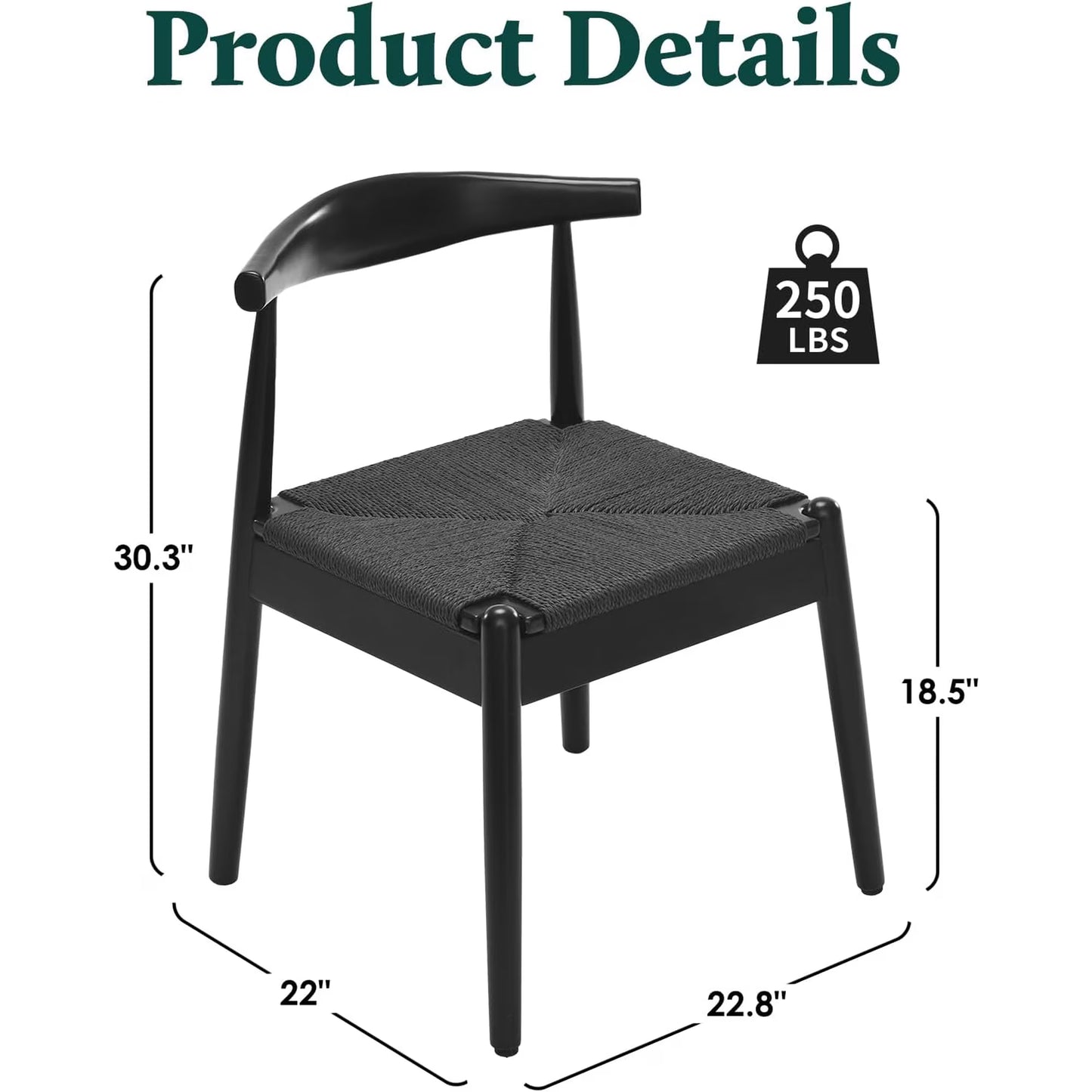 Farini Mid-Century Dining Chairs Set of 2, Solid Wood Frame & Woven Leather Seats, Black
