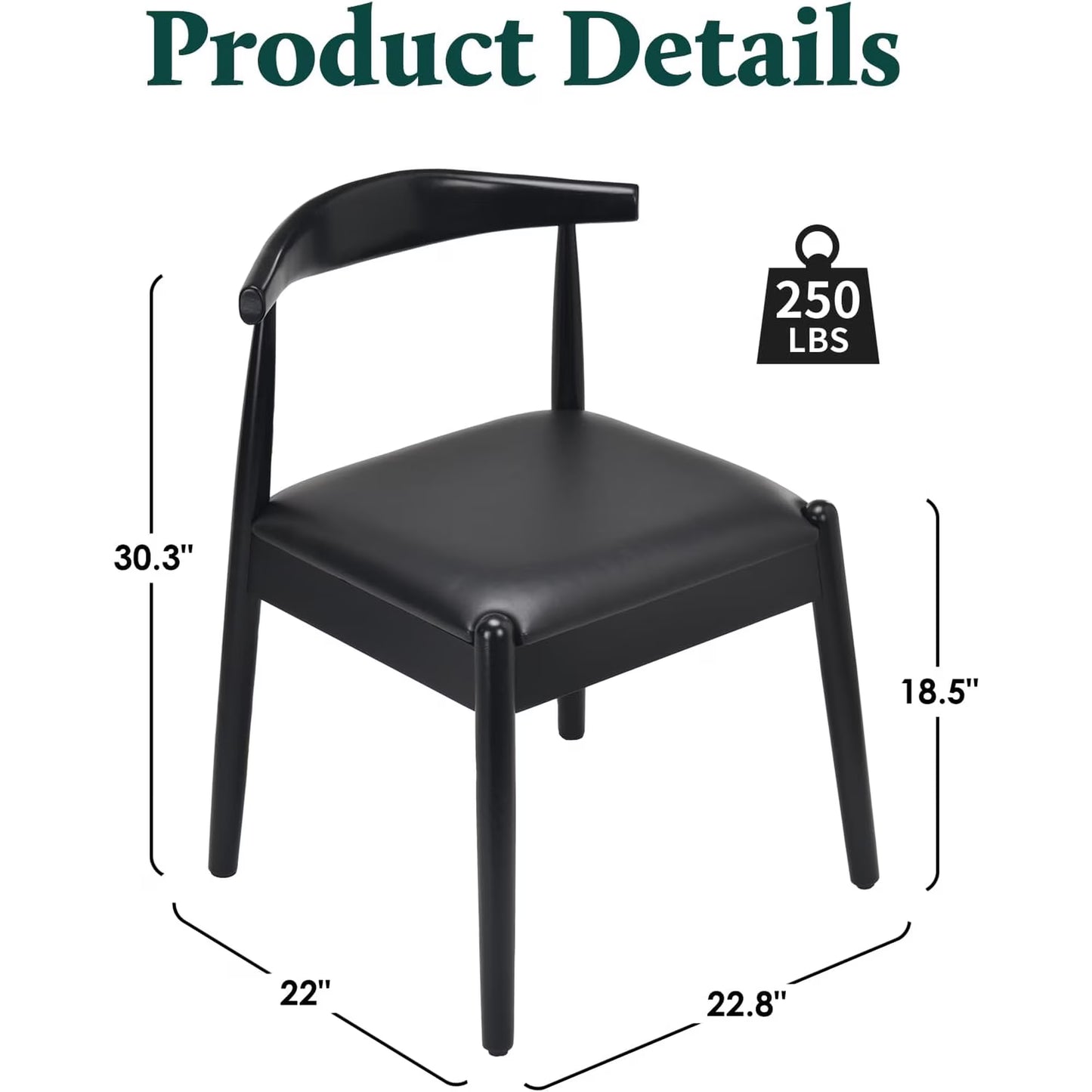 Farini Mid-Century Dining Chairs Set of 2, Solid Wood Frame & PU Leather Upholstered Seats, Black