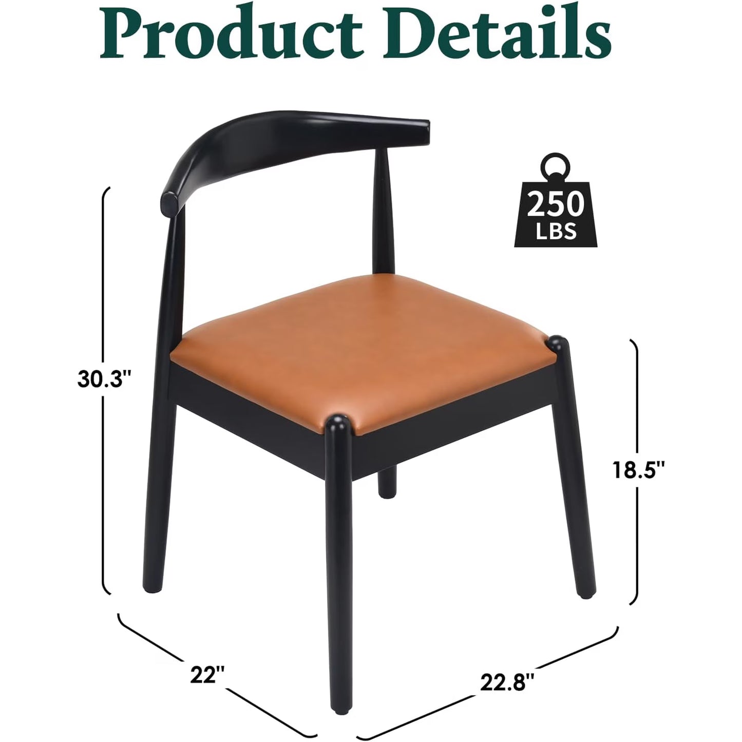 Farini Mid-Century Dining Chairs Set of 2, Solid Wood Frame & PU Leather Upholstered Seats, Black-Whiskey Brown