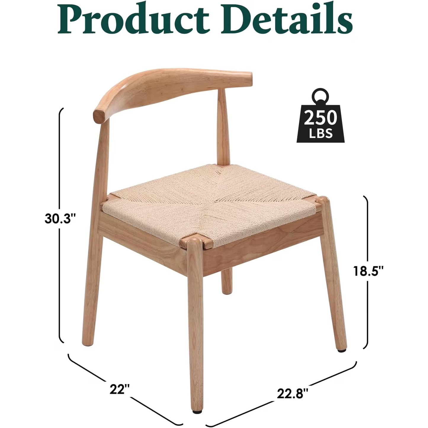 Farini Mid-Century Dining Chairs Set of 2, Solid Wood Frame & Woven Leather Seats, Nature-Beige