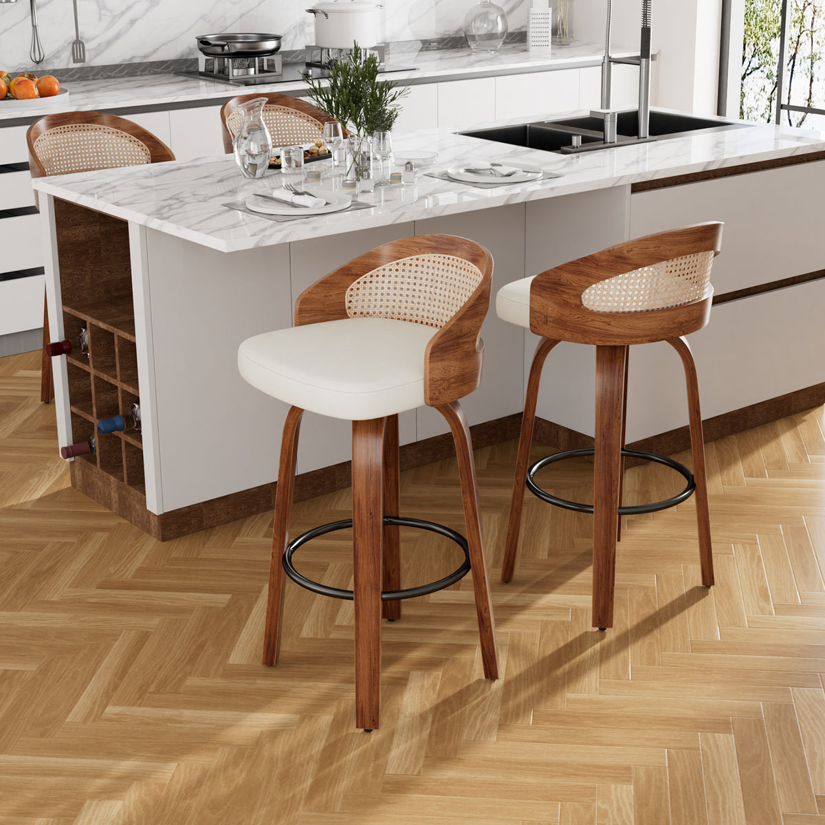 Farini Swivel Bar Stools Set of 2, Upholstered PU Leather Stools with Rattan Back & Footrest, 26" Counter Height for Kitchen Island, Bar, or Dining Room, Beige