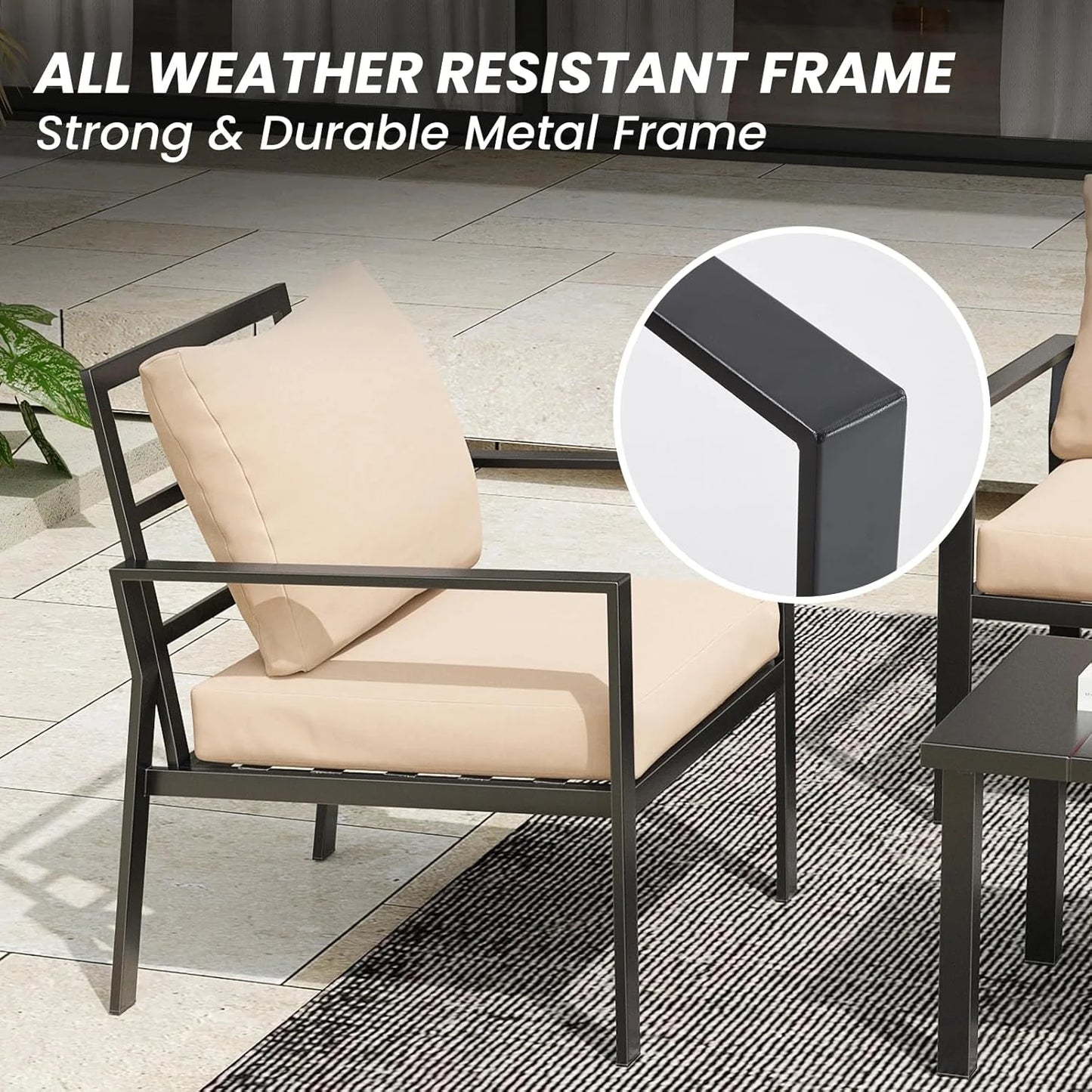 Farini Outdoor conversation sets, Metal Patio Furniture Set with 2 Single Sofas, Loveseat & Coffee Table, for Garden, Backyard, Balcony