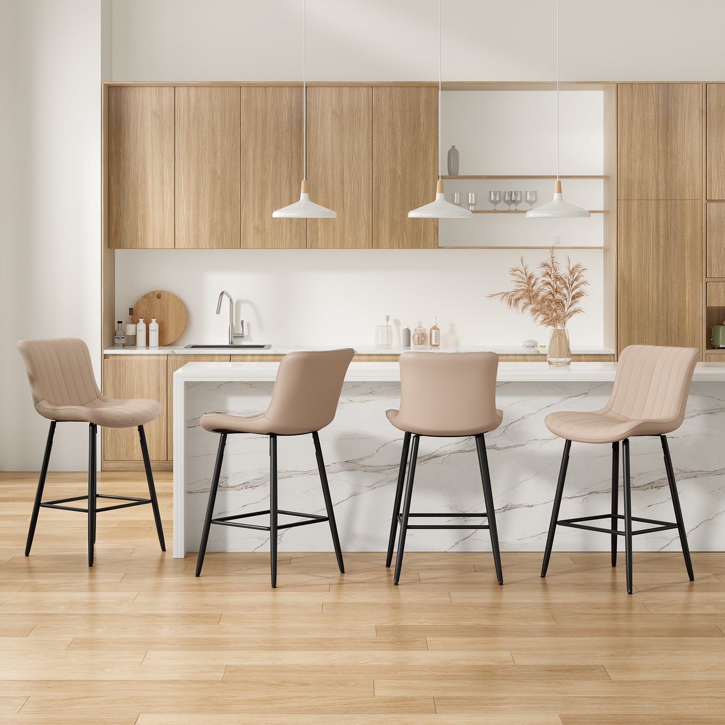 Farini 26" Counter Stools Set of 4, Faux Leather Barstools, Counter Height Chairs for Kitchen Islands & Dining Rooms, Khaki