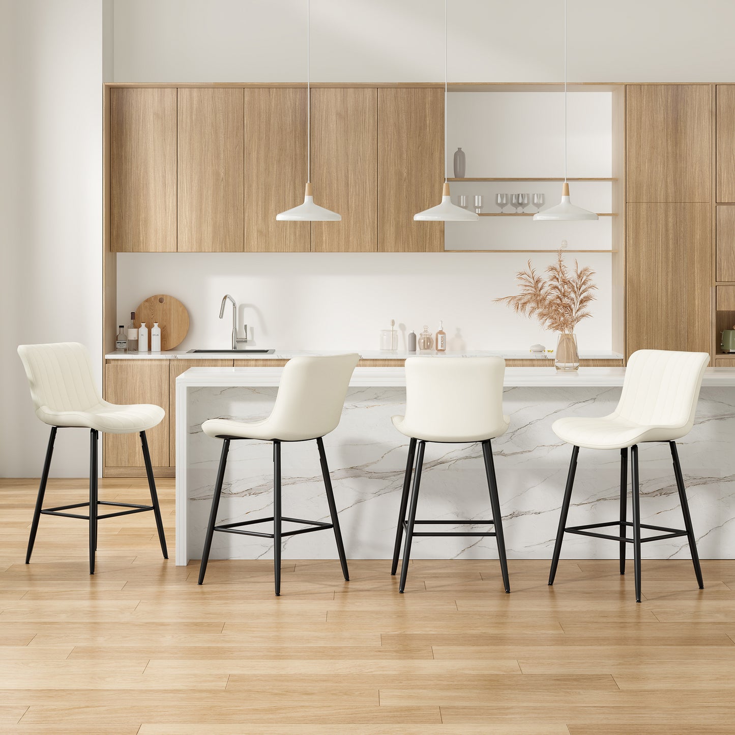 Farini 26" Counter Stools Set of 4, Faux Leather Barstools, Counter Height Chairs for Kitchen Islands & Dining Rooms, Beige