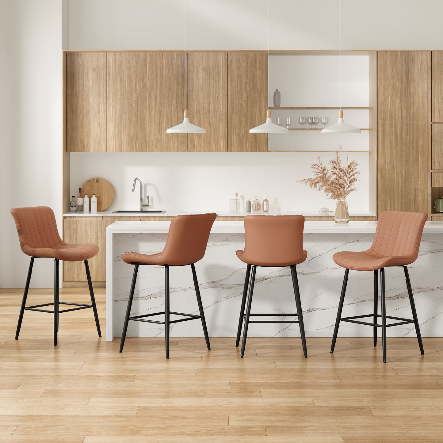 Farini 26" Counter Stools Set of 4, Faux Leather Barstools, Counter Height Chairs for Kitchen Islands & Dining Rooms, Brown