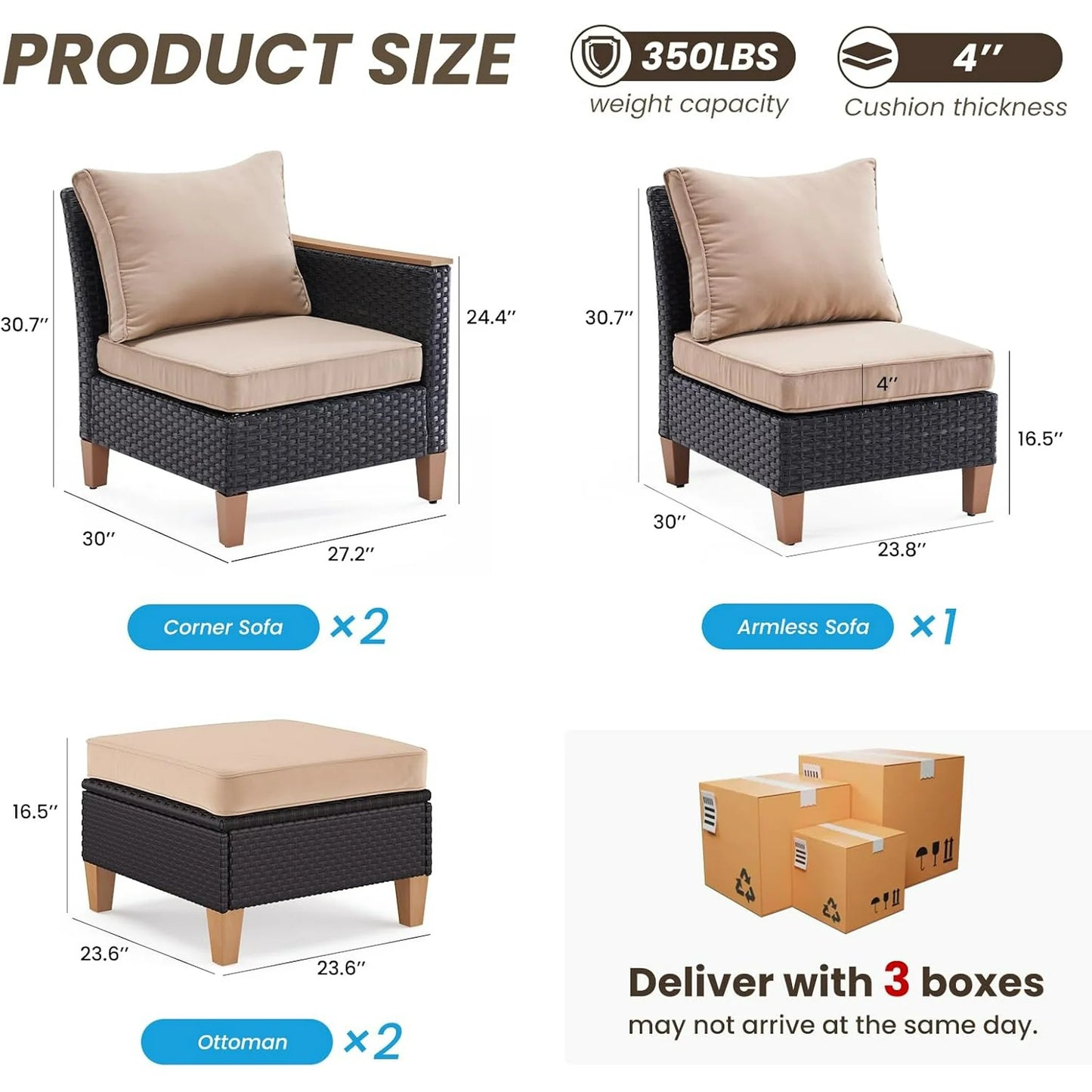 Farini Patio Furniture Set, Outdoor Sectional Furniture Set with Cushions, Wicker Patio Conversation Set Outdoor Sectional Sofa, All-Weather PE Rattan Sofa for Garden, Backyard and Poolside