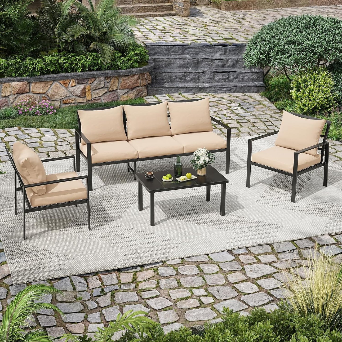 Farini Outdoor conversation sets, Metal Patio Furniture Set with 2 Single Sofas, Loveseat & Coffee Table, for Garden, Backyard, Balcony
