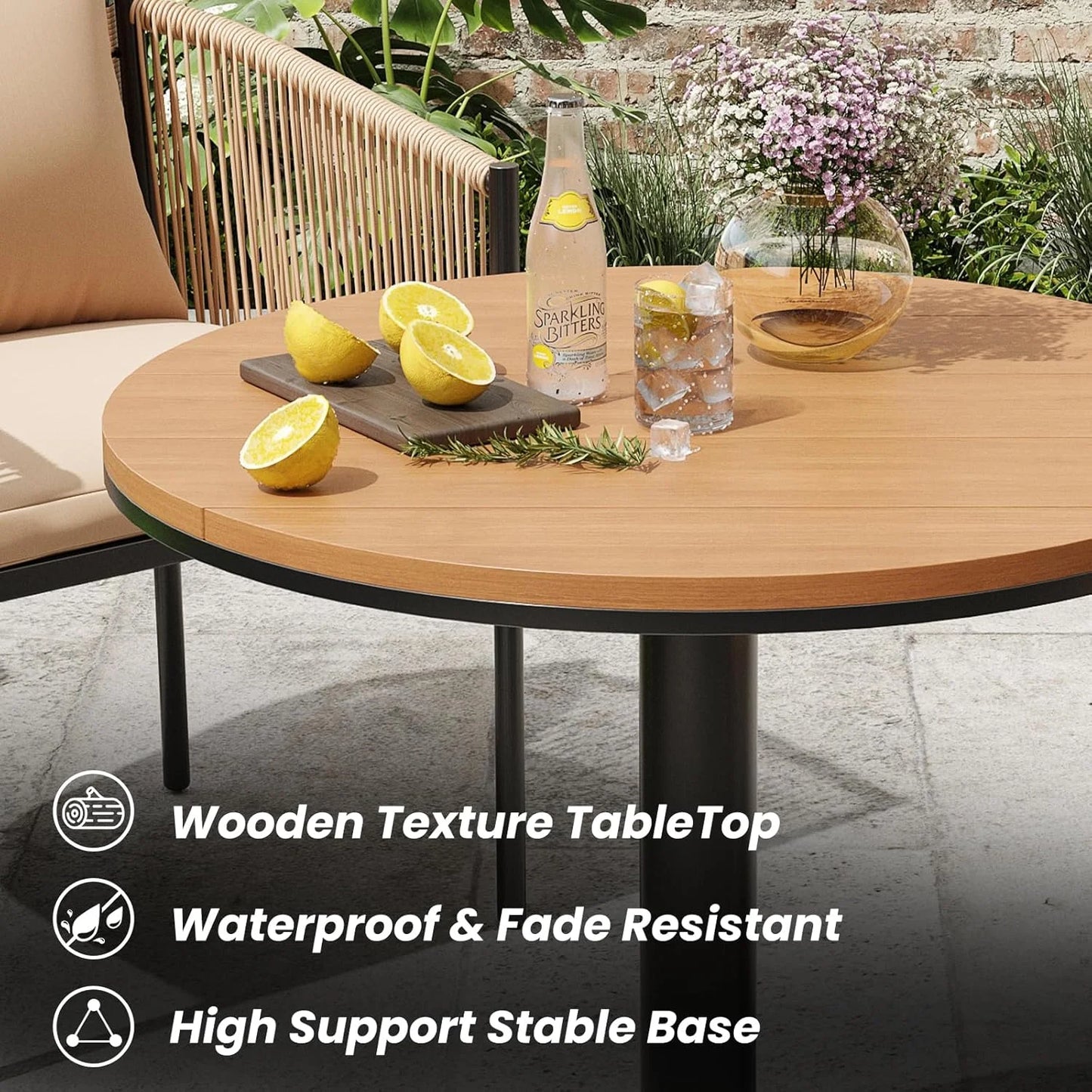 Farini Outdoor Dining Set, Patio Table and Chairs Set, Rattan Wicker Patio Chair Cushions and 1 Outdoor Table Plastic Wooden Top for Lawn, Deck Backyard, Poolside