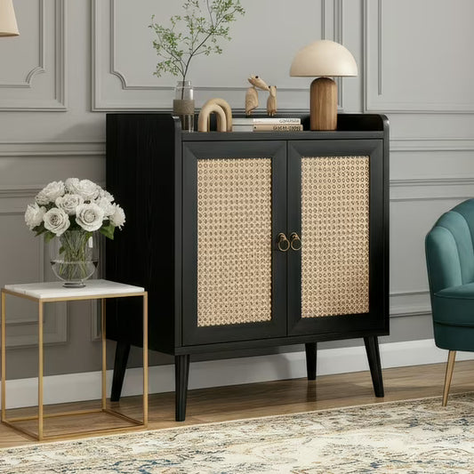 Farini Sideboard Buffet Cabinet Bar Cabinets with Rattan Decorated Doors(Black)