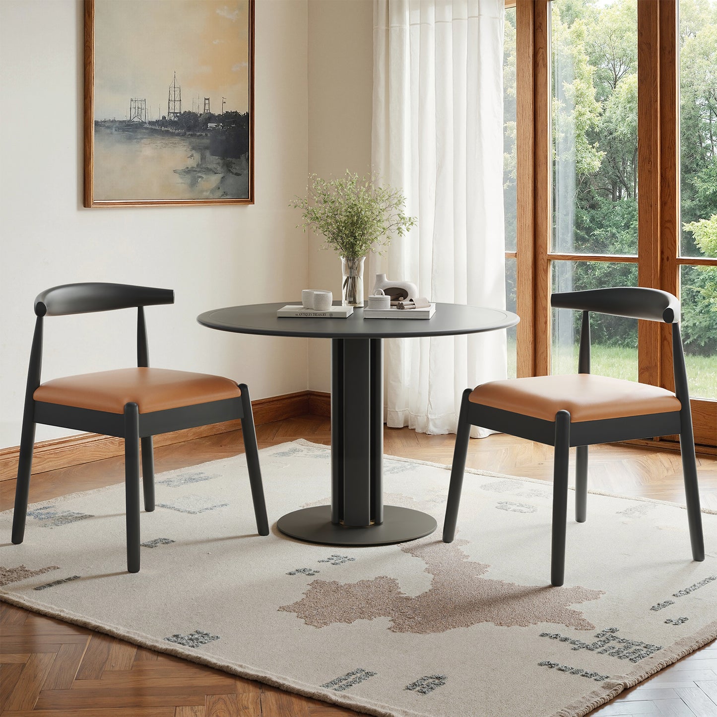 Farini Mid-Century Dining Chairs Set of 2, Solid Wood Frame & PU Leather Upholstered Seats, Black-Whiskey Brown
