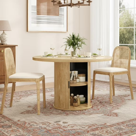 Farini 43" Round Dining Table, Modern Wood Kitchen Table with Hidden Storage & Metal Base, Seats 4, for Dining Room or Kitchen, Natural