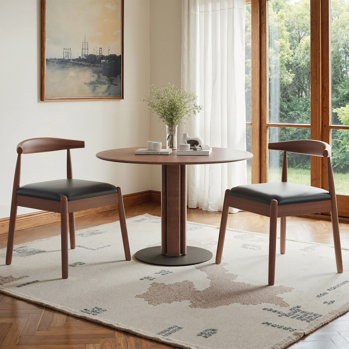 Farini Mid-Century Dining Chairs Set of 2, Solid Wood Frame & PU Leather Upholstered Seats, Walnut-Black