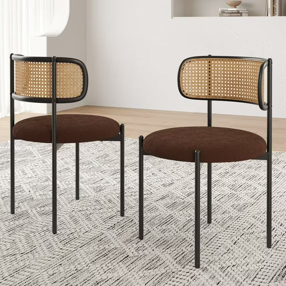 Farini Upholstered Dining Chair Set of 2, Rattan Backrest Kitchen Chair, Coffee