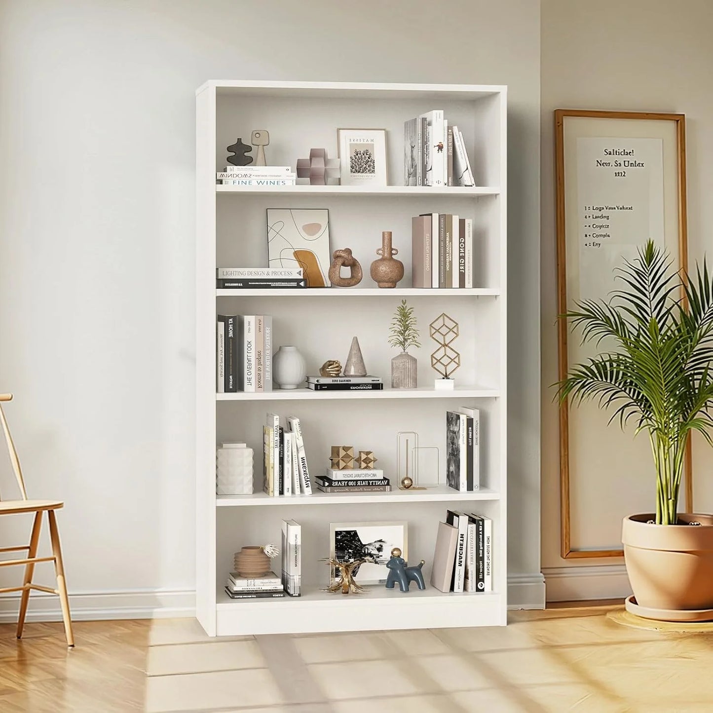 Farini 5 Tiers Bookcase, Wooden Bookcase with Adjustable Shelves for Home, Office