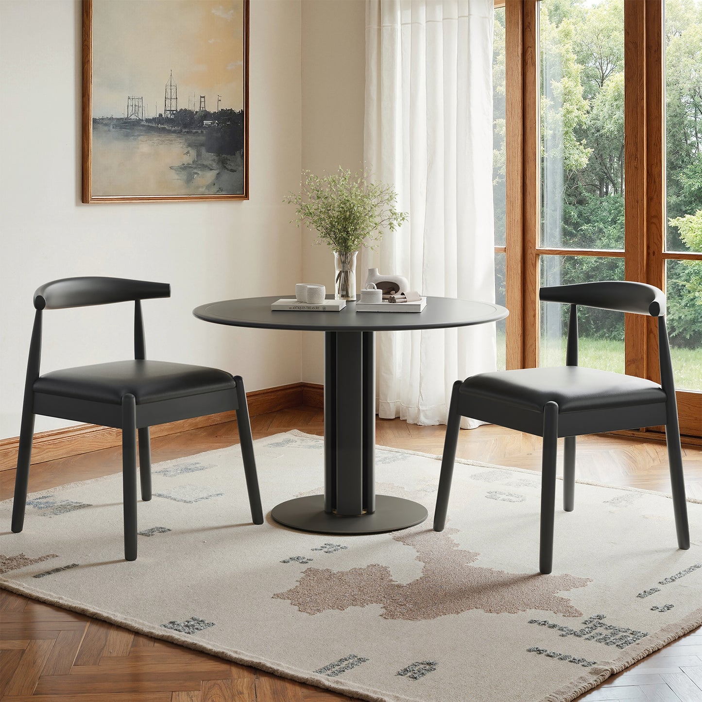 Farini Mid-Century Dining Chairs Set of 2, Solid Wood Frame & PU Leather Upholstered Seats, Black