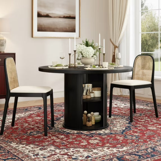 Farini 43" Round Dining Table, Modern Wood Kitchen Table with Hidden Storage & Metal Base, Seats 4, for Dining Room or Kitchen, Black