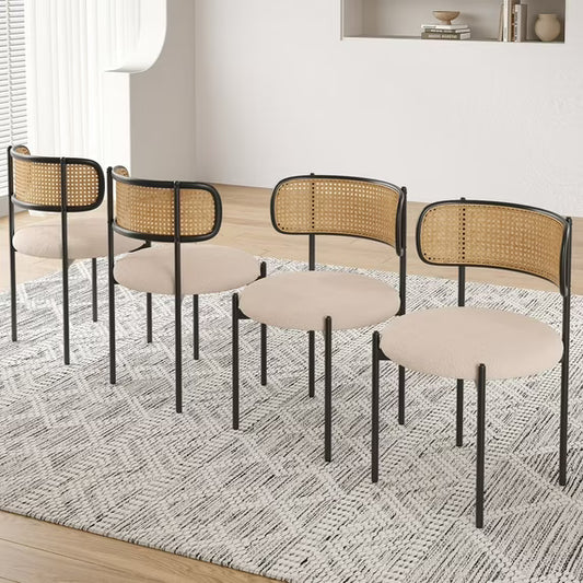 Farini Upholstered Dining Chair Set of 4, Rattan Backrest Kitchen Chair, Light Brown