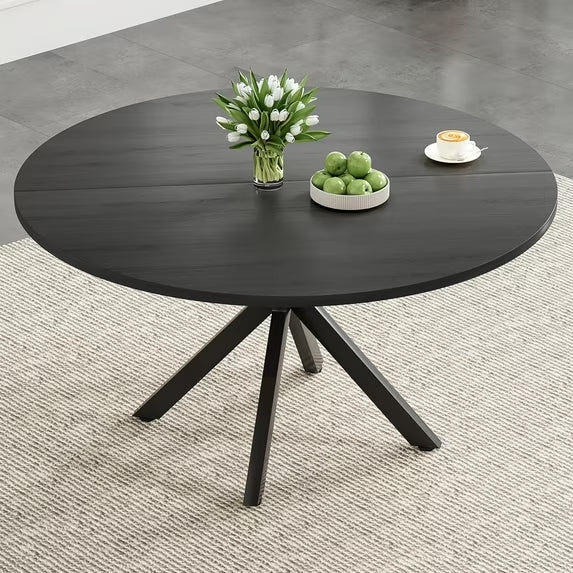 Farini 47" Round Dining Table, Mid-Century Modern Wood Table with Metal Base, Seats 4-6, for Kitchen or Dining Room, Black