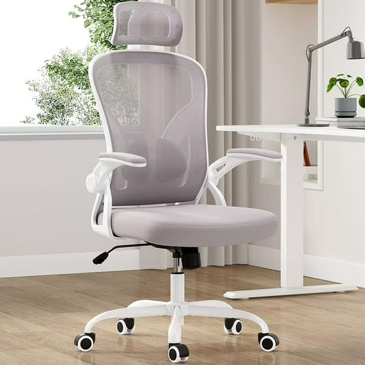 Farini Ergonomic Office Chair, Home Office Desk Chair with Headrest, High Back Computer Chair with Armrests and Adjustable Lumbar Support.for Home Office Study Room Bedroom, White & Gray