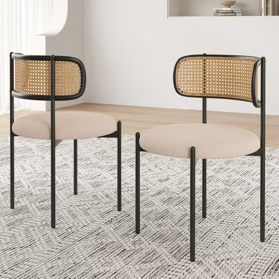 Farini Upholstered Dining Chair Set of 2, Rattan Backrest Kitchen Chair, Light Brown