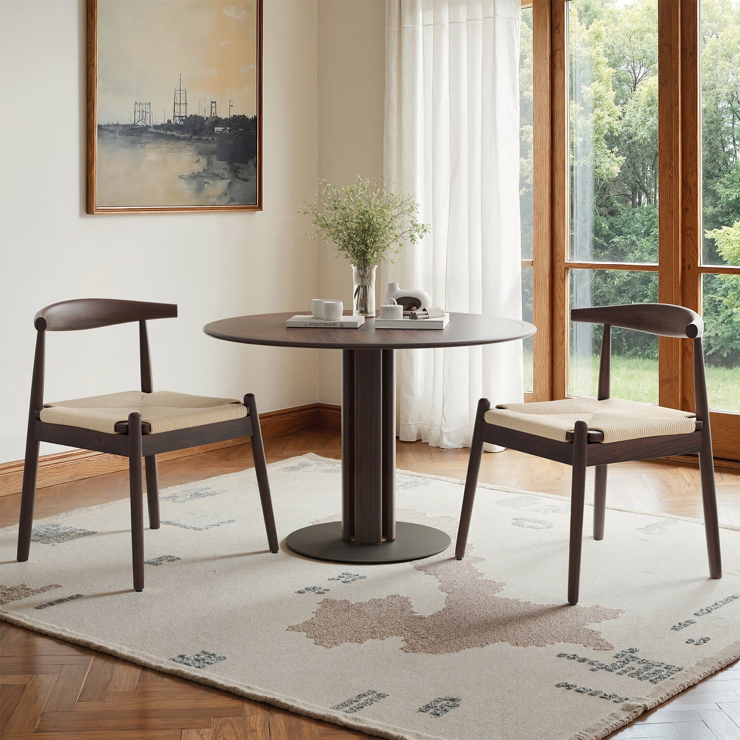 Farini Mid-Century Dining Chairs Set of 2, Solid Wood Frame & Woven Leather Seats, Latte-Beige