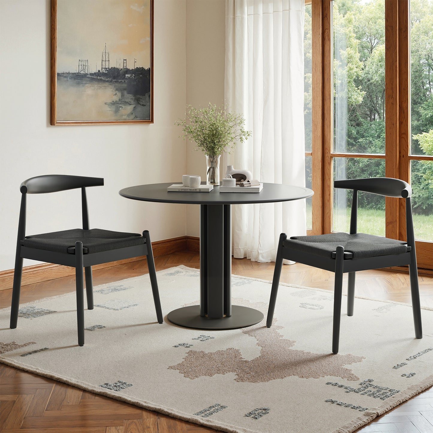 Farini Mid-Century Dining Chairs Set of 2, Solid Wood Frame & Woven Leather Seats, Black