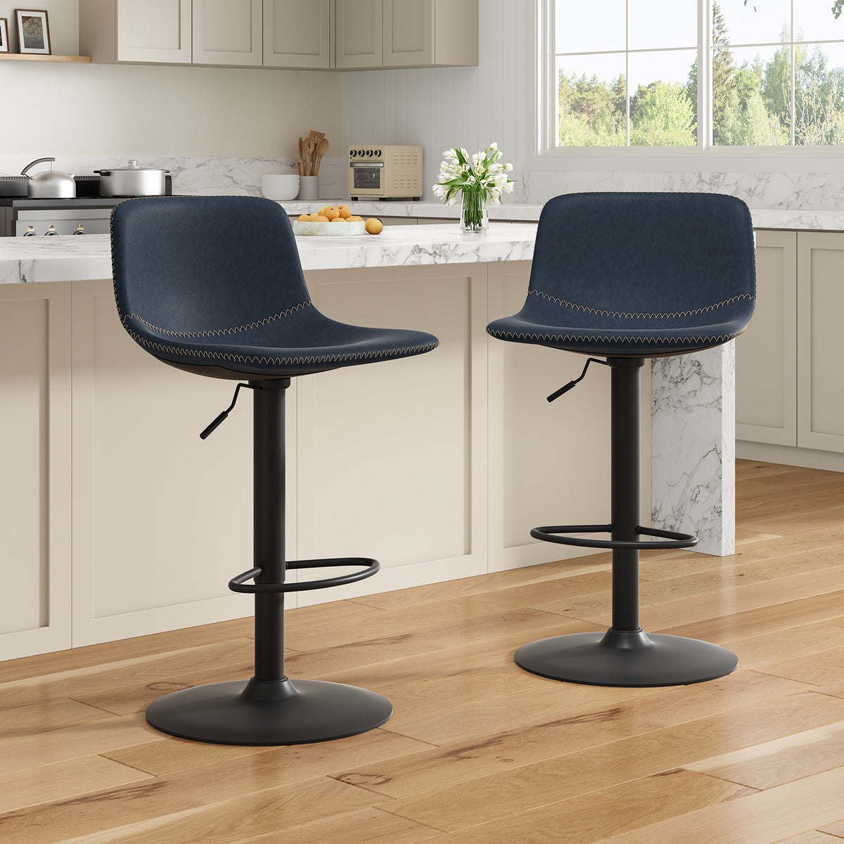 Farini Adjustable Bar Stools Set of 2, Modern Swivel Bar Stools, Bar Height Stools with Back Support, Pu Leather Bar Stool for Kitchen Island Counter