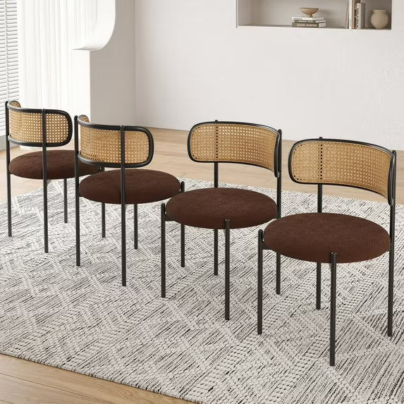 Farini Upholstered Dining Chair Set of 4, Rattan Backrest Kitchen Chair, Coffee