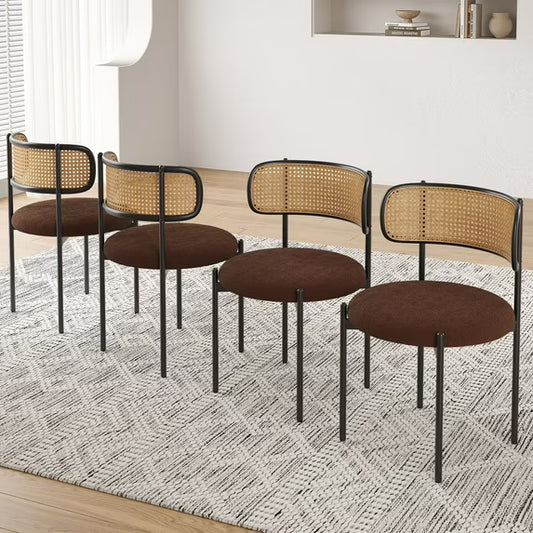 Farini Upholstered Dining Chair Set of 4, Rattan Backrest Kitchen Chair, Coffee