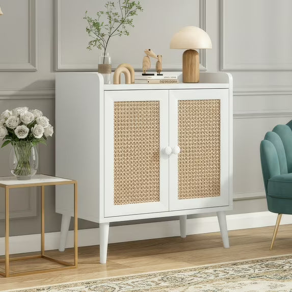 Farini Sideboard Buffet Cabinet Bar Cabinets with Rattan Decorated Doors(White)